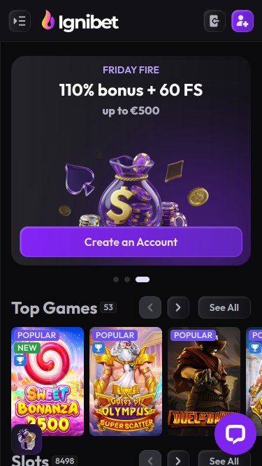 Ignibet Casino Homepage Mobile