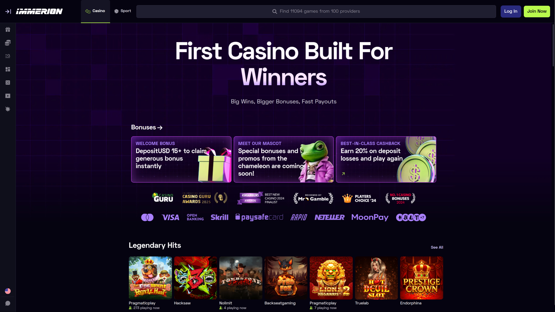 Immerion Casino Desktop Homepage