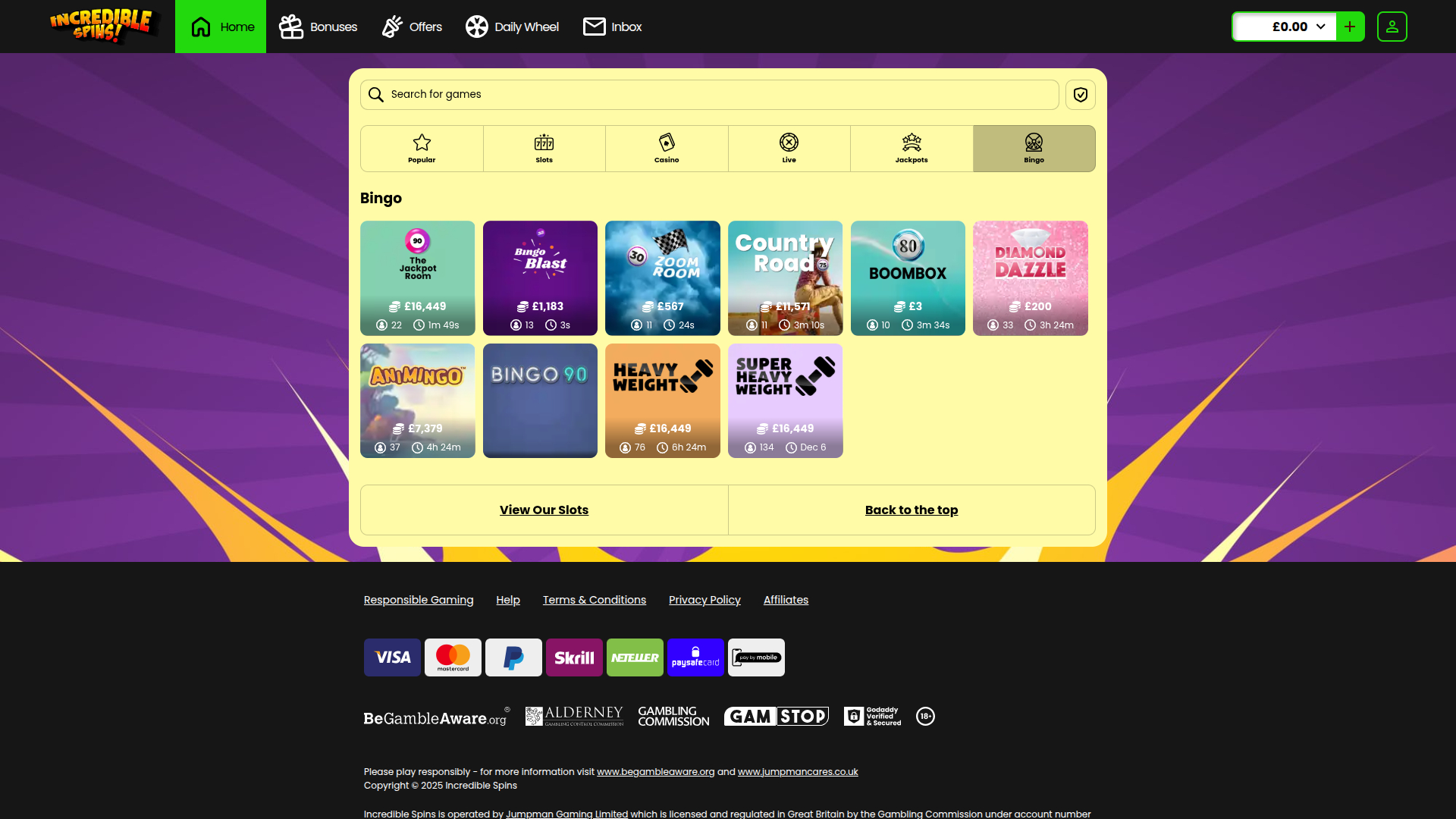 Incredible Spins Casino Desktop Bingo