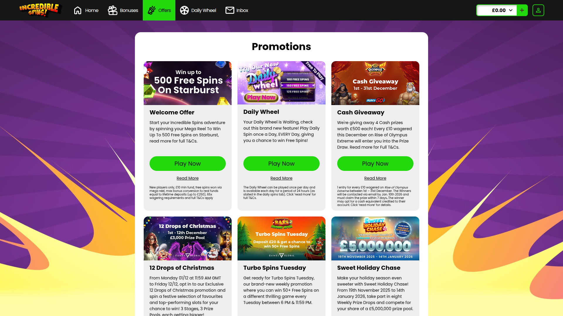 Incredible Spins Casino Desktop Promotions