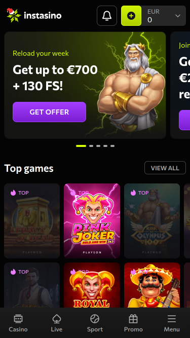 Αρχική σελίδα της εφαρμογής Instasino σε κινητό