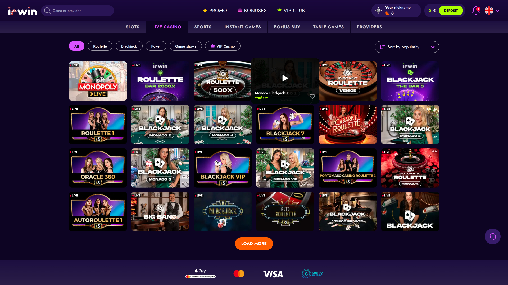 Irwin Casino Desktop Live Dealer