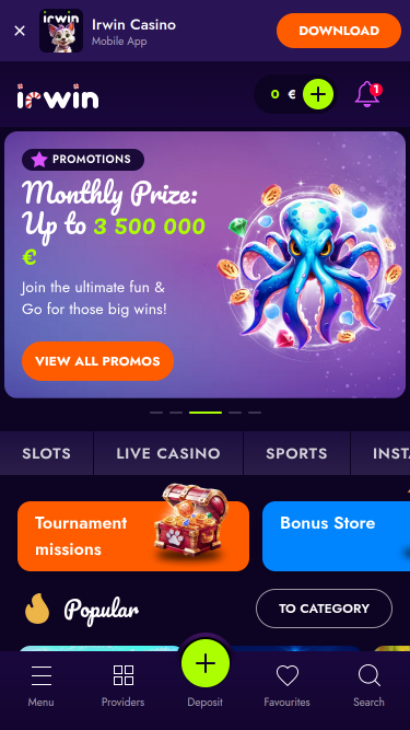 Irwin Casino Mobile Homepage