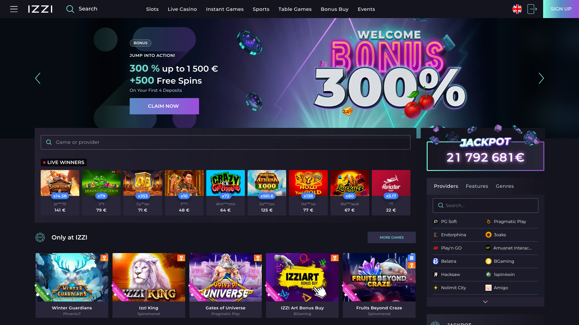 Izzi Casino Desktop Homepage