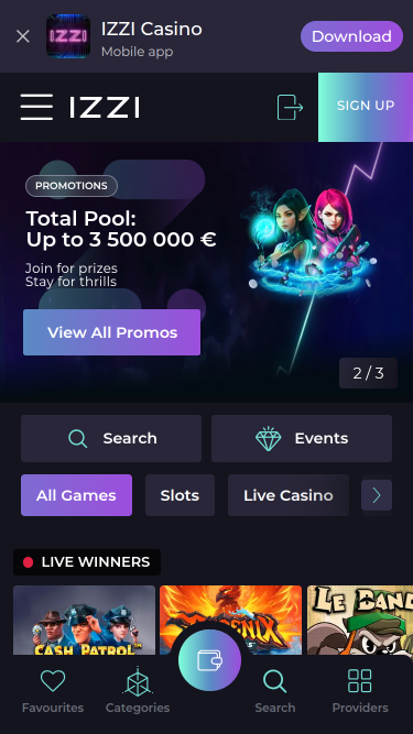 Izzi Casino Mobile Homepage