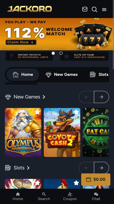 Jackoro Casino mobile homepage