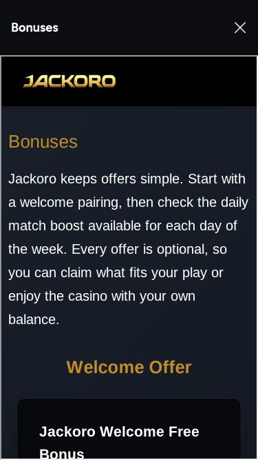Jackoro Casino promotions mobile page