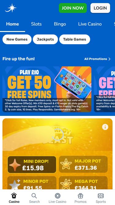 Jackpotjoy Casino Mobile Homepage