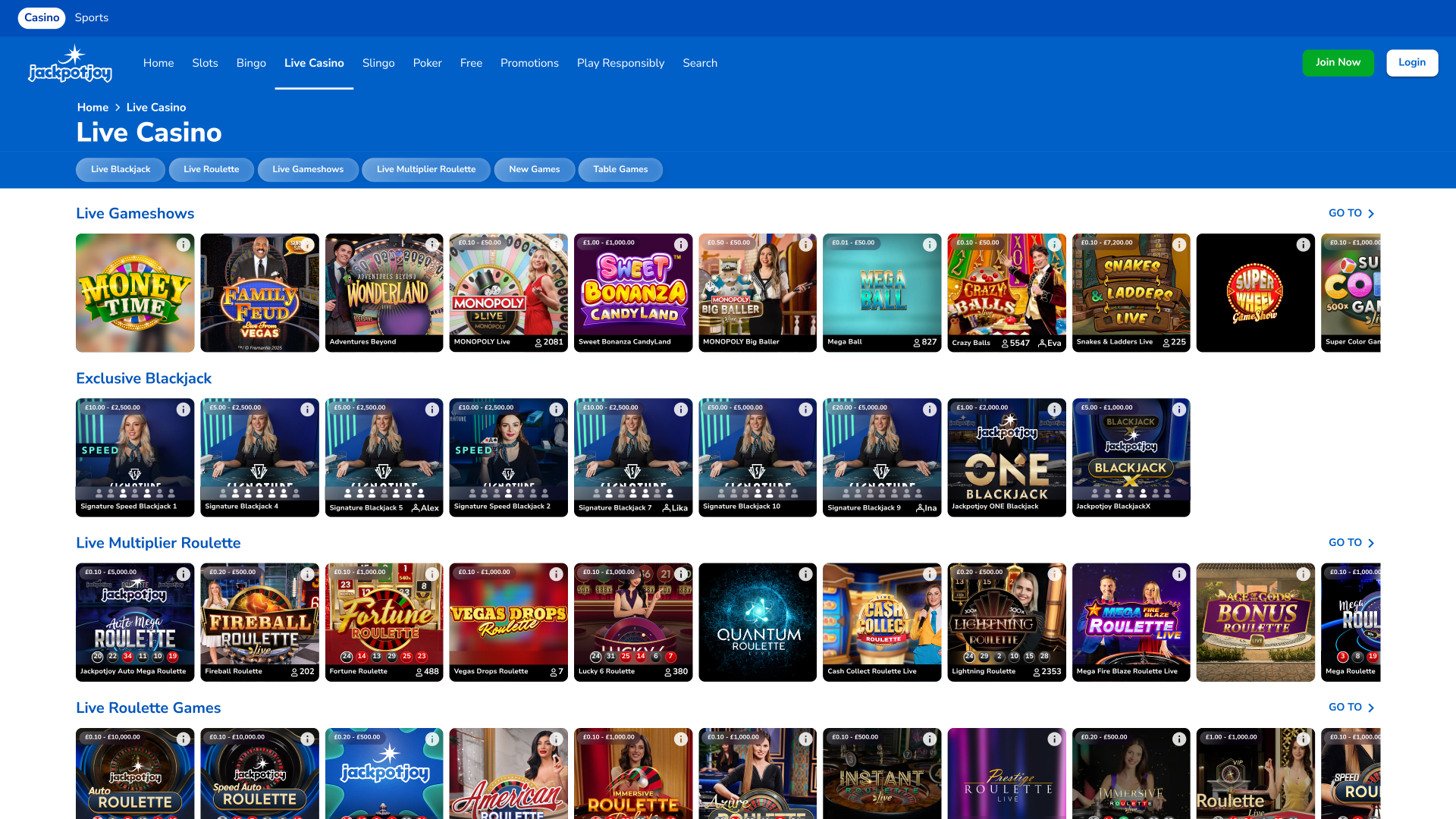 Jackpotjoy Casino Desktop Live Dealer