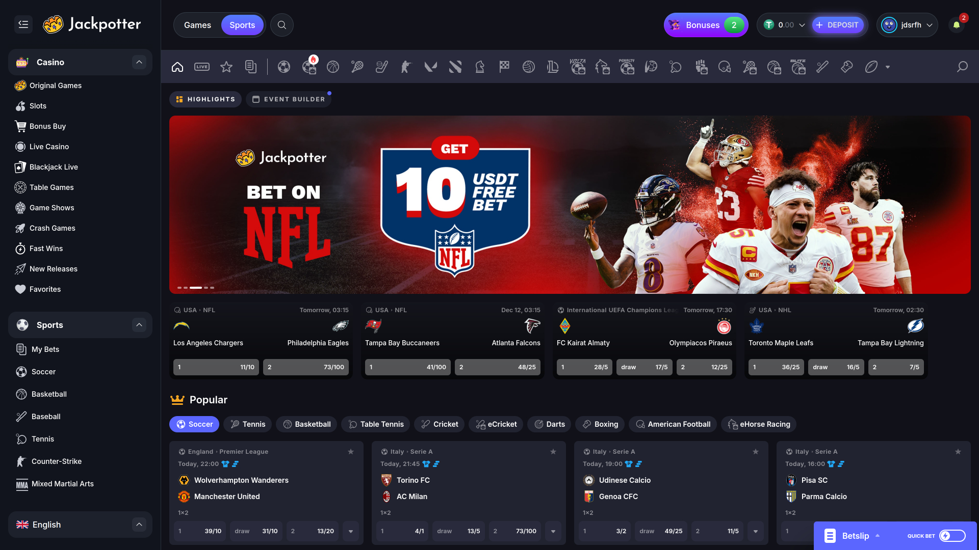 Jackpotter Casino Sports Desktop
