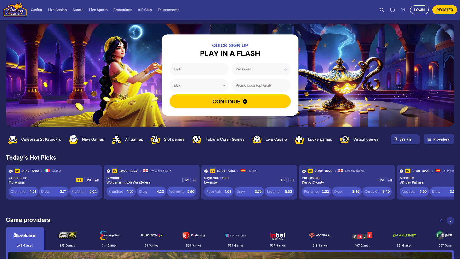JasminSlots Casino Desktop Homepage