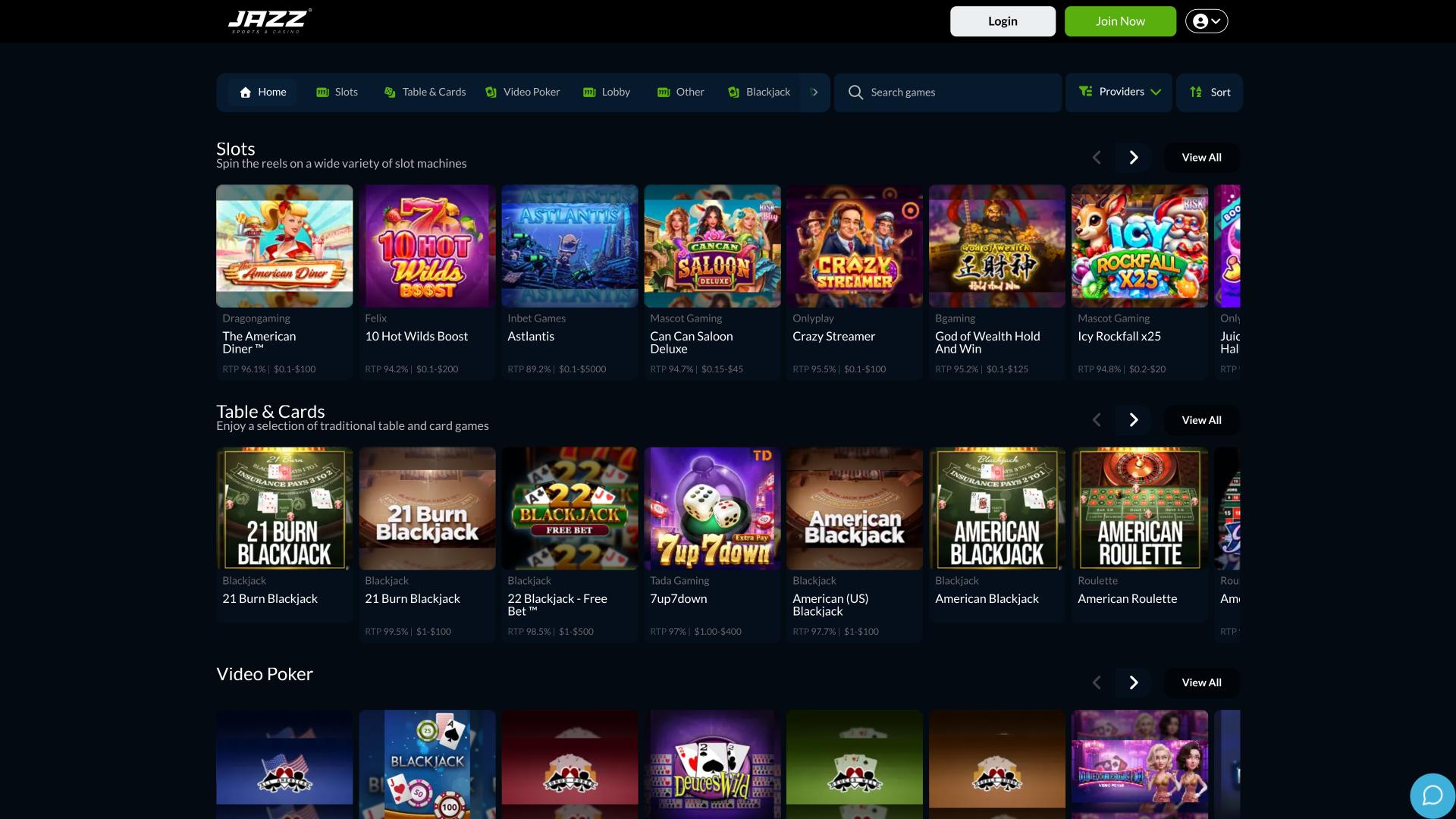 Jazz Sports Casino games page