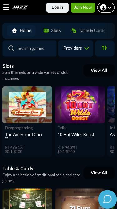 Jazz Sports Casino games mobile page