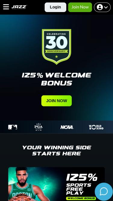 Jazz Sports Casino mobile homepage