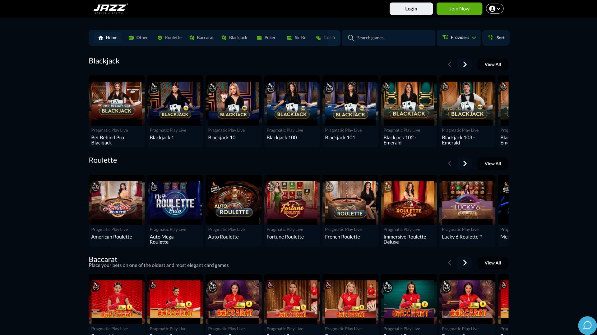Jazz Sports Casino live dealer page