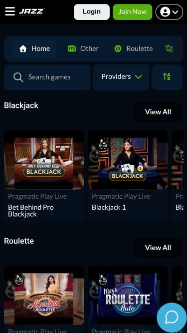 Jazz Sports Casino live dealer mobile page
