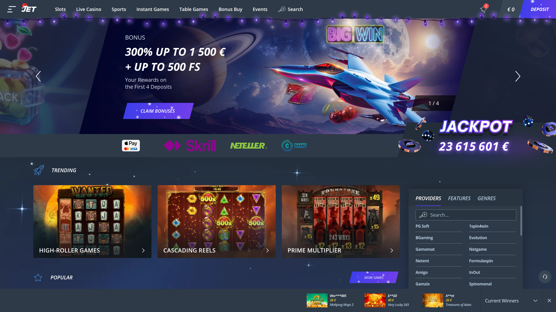 Jet Casino Desktop Homepage