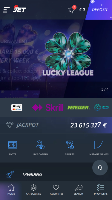 Jet Casino Mobile Homepage