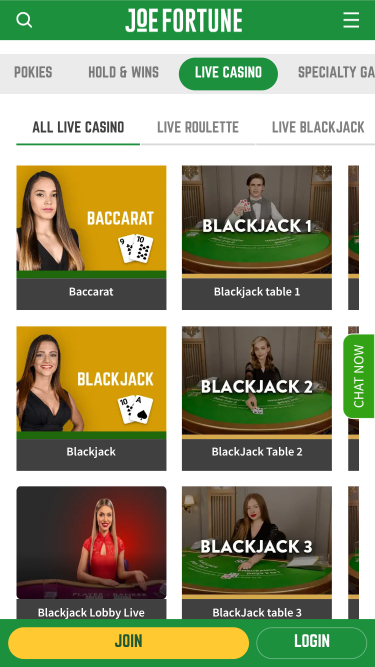 Joe Fortune Casino Live Dealer Mobile
