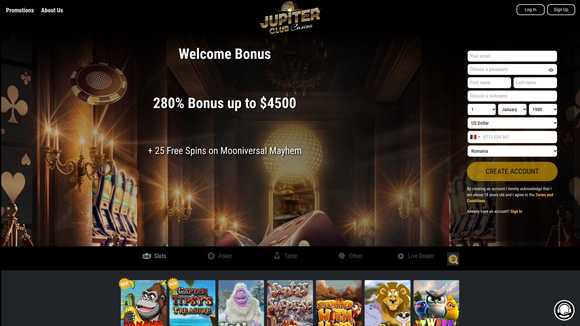 Jupiter Club Casino Desktop Homepage