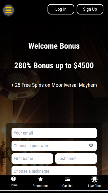 Jupiter Club Casino Mobile Homepage