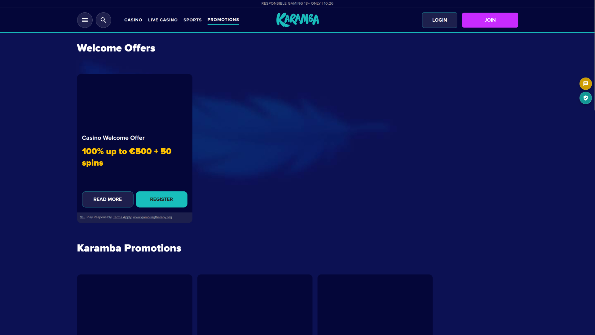 Karamba Casino Promotions Desktop