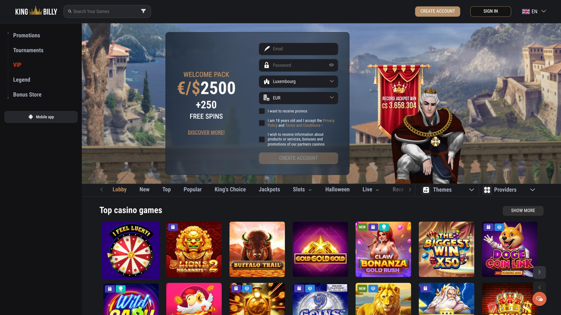 King Billy Casino Desktop Homepage