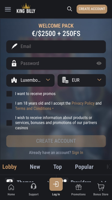 King Billy Casino Mobile Homepage