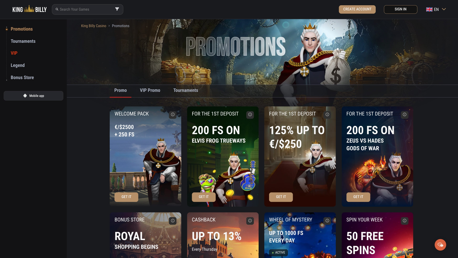 King Billy Casino Desktop Promotions