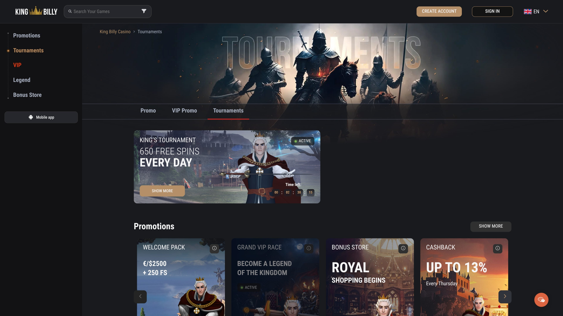King Billy Casino Desktop Tournaments