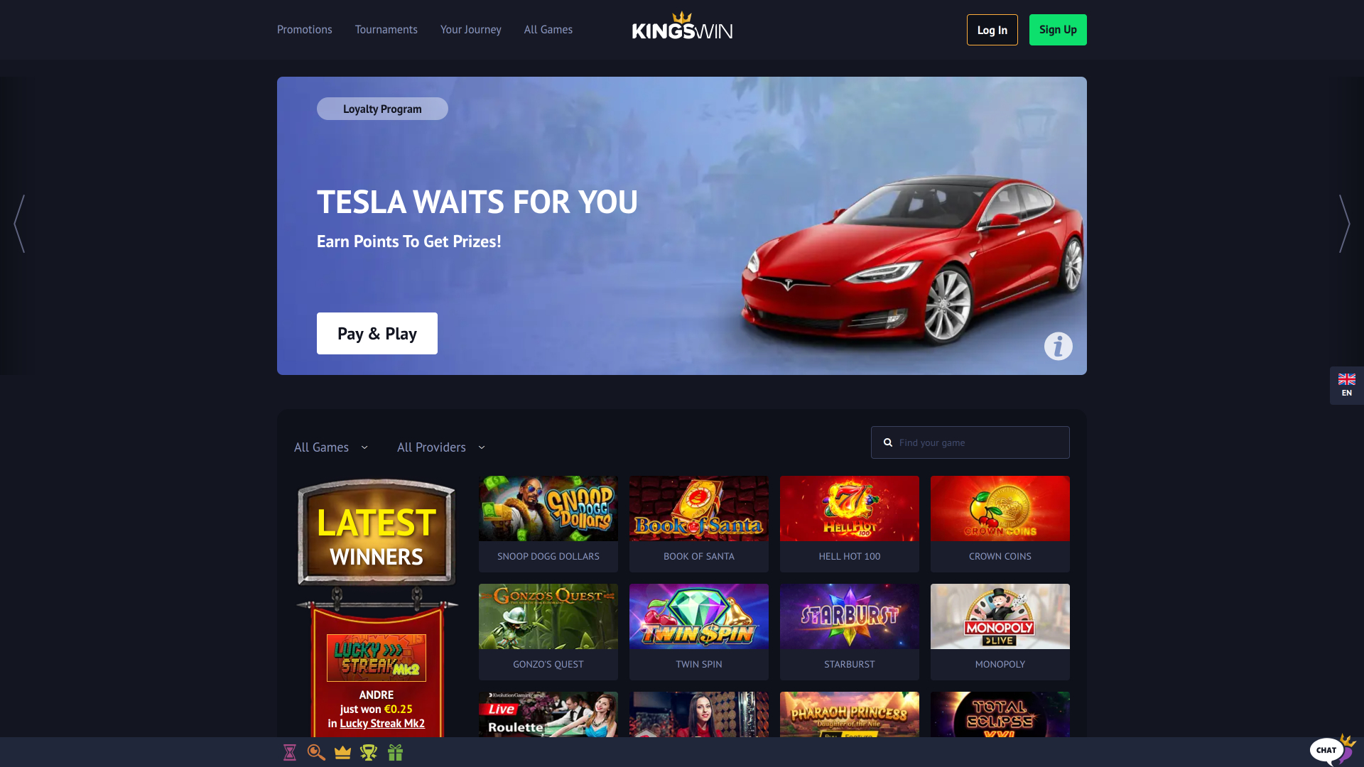 KingsWin Casino Desktop Homepage