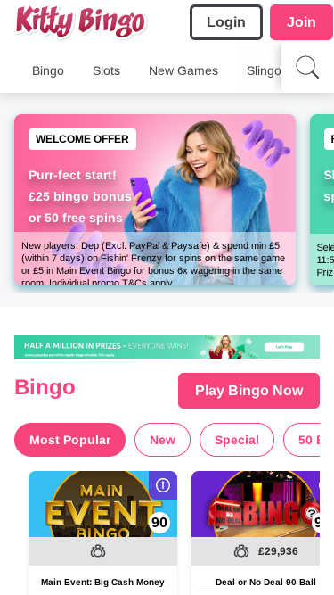 Kitty Bingo Mobile Homepage