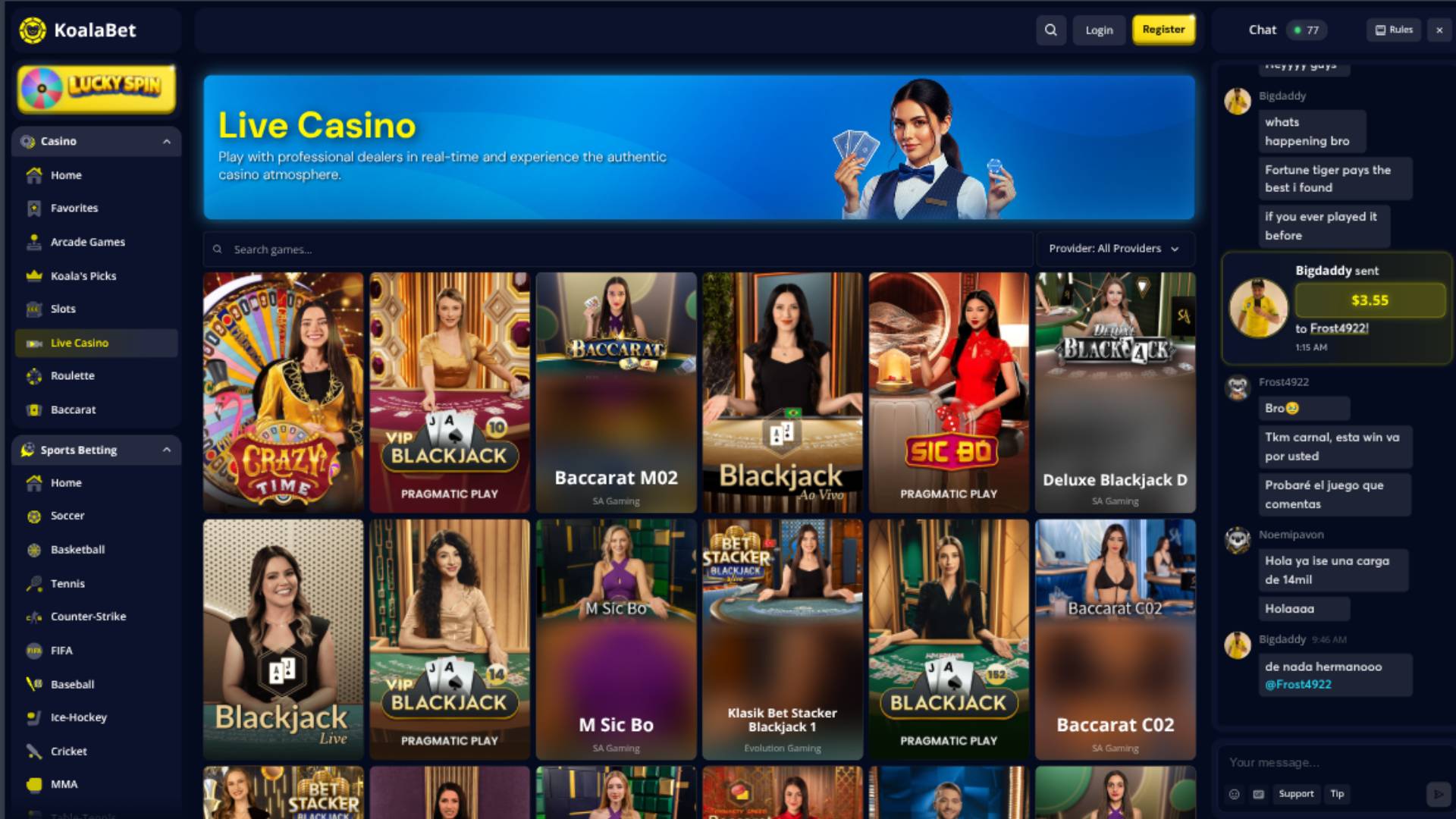 Live page screenshot of Koalabet Casino
