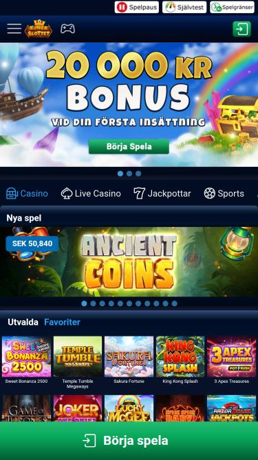 Kungaslottet Casino mobile homepage