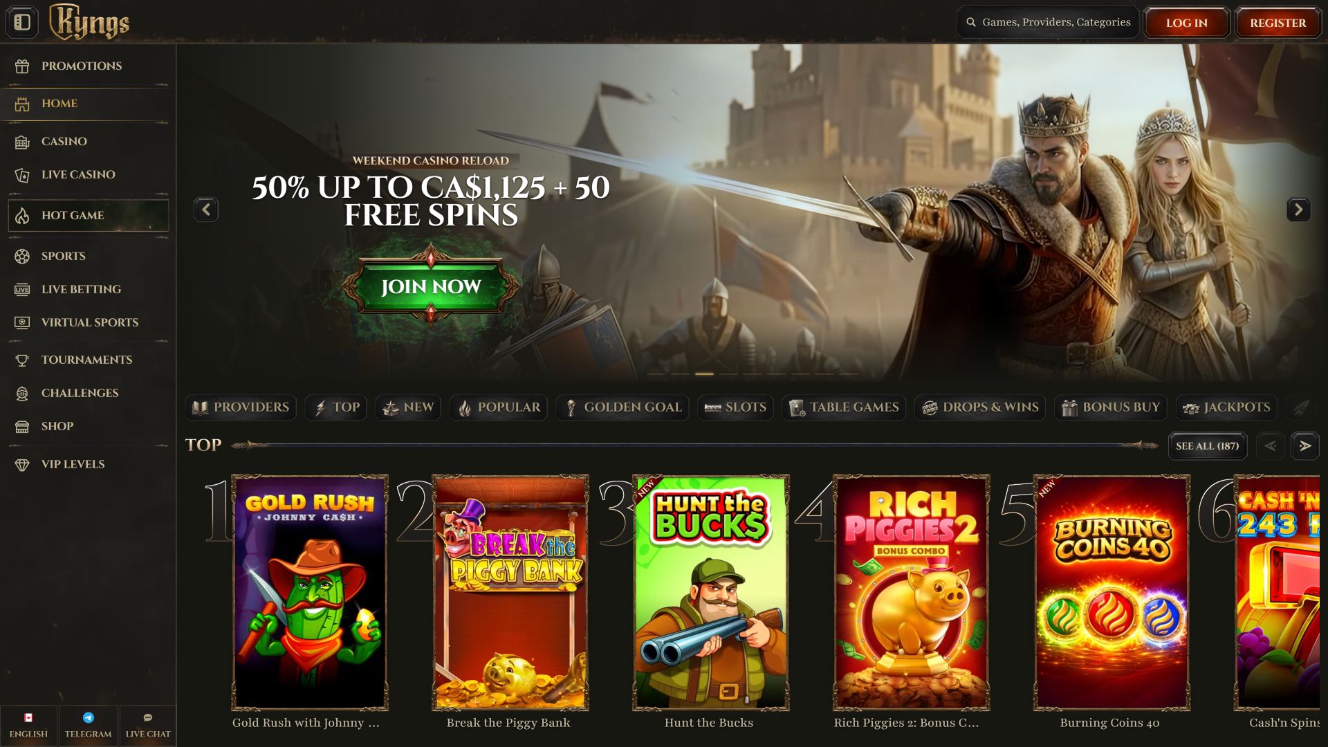 Kyngs Casino Desktop Homepage
