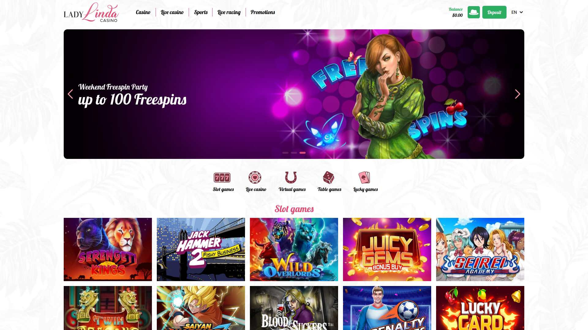Lady Linda Casino Desktop Homepage