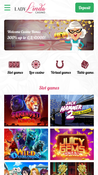 Lady Linda Casino Mobile Homepage