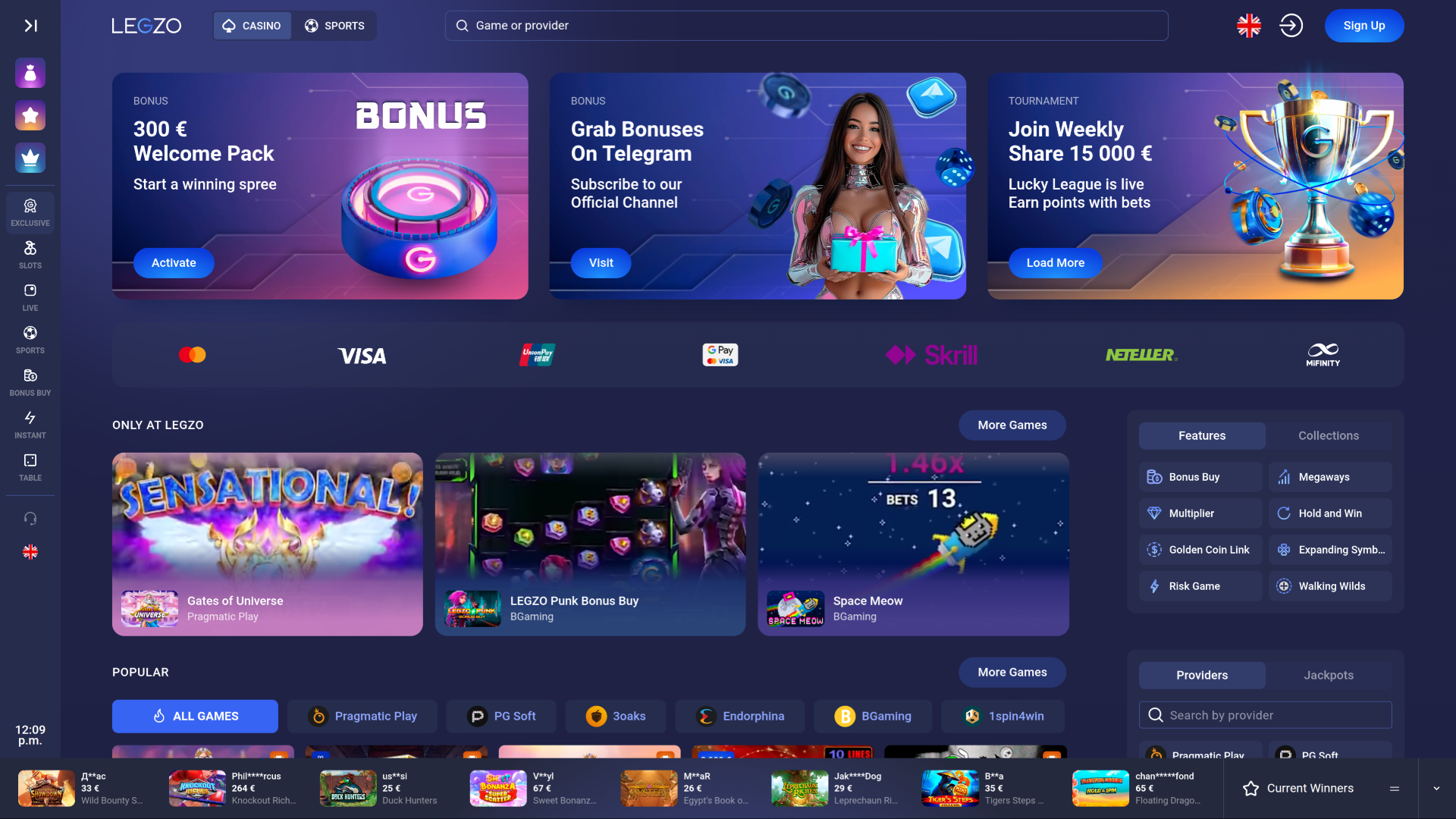 Legzo Casino Desktop Homepage