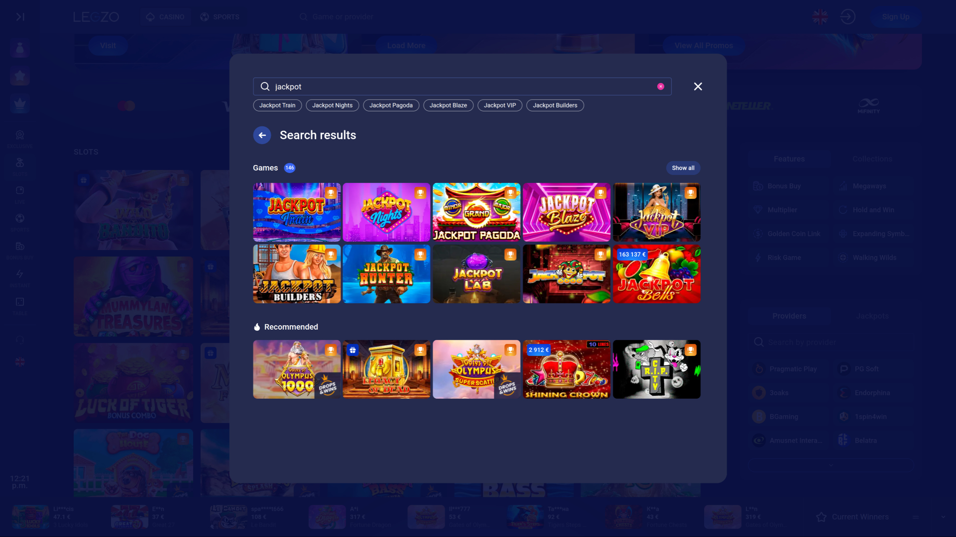 Legzo Casino Desktop Jackpot
