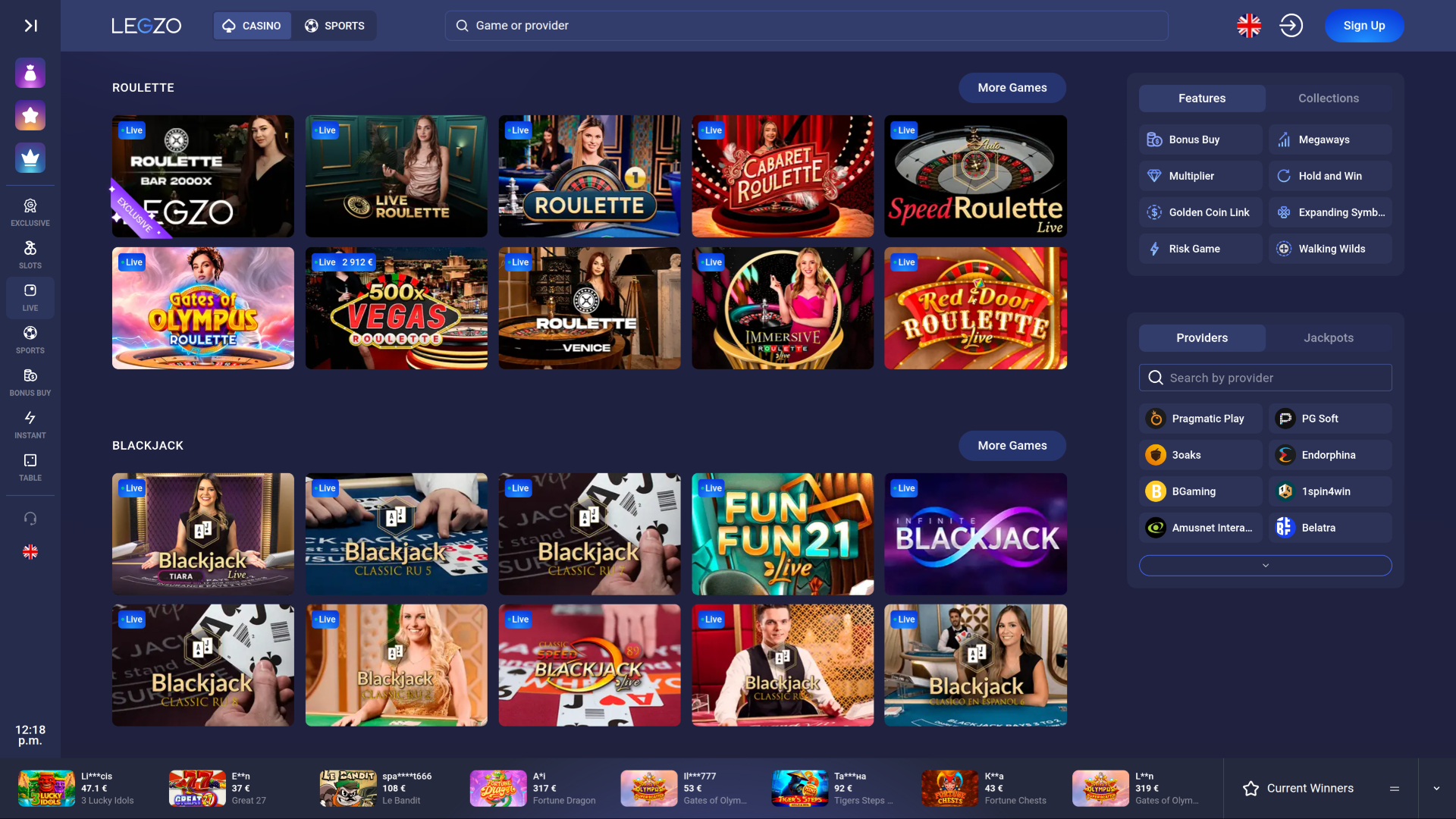 Legzo Casino Desktop Live Dealer