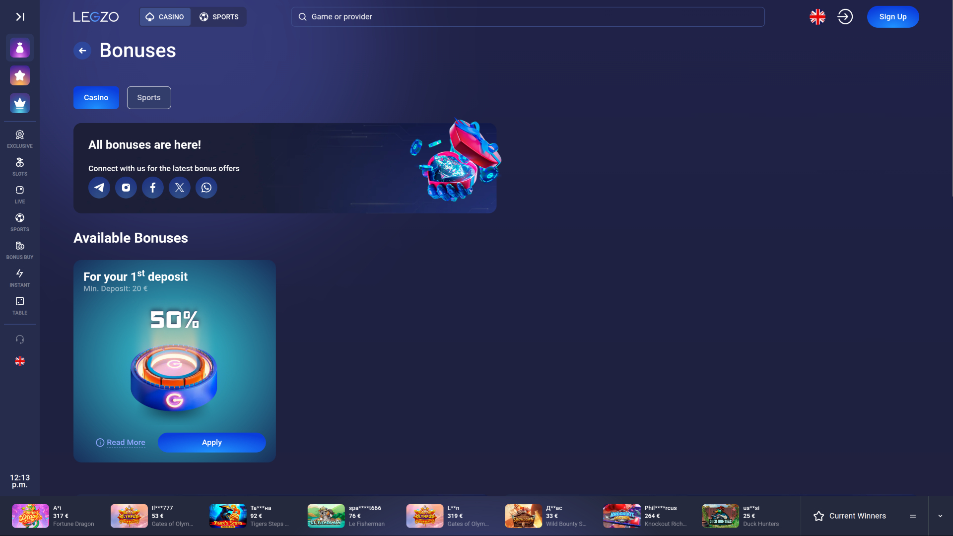 Legzo Casino Desktop Promotions
