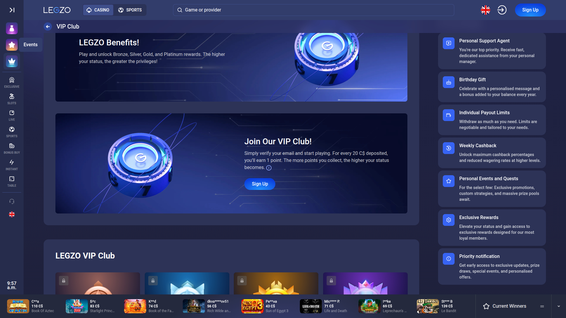 Legzo Casino Desktop VIP Program
