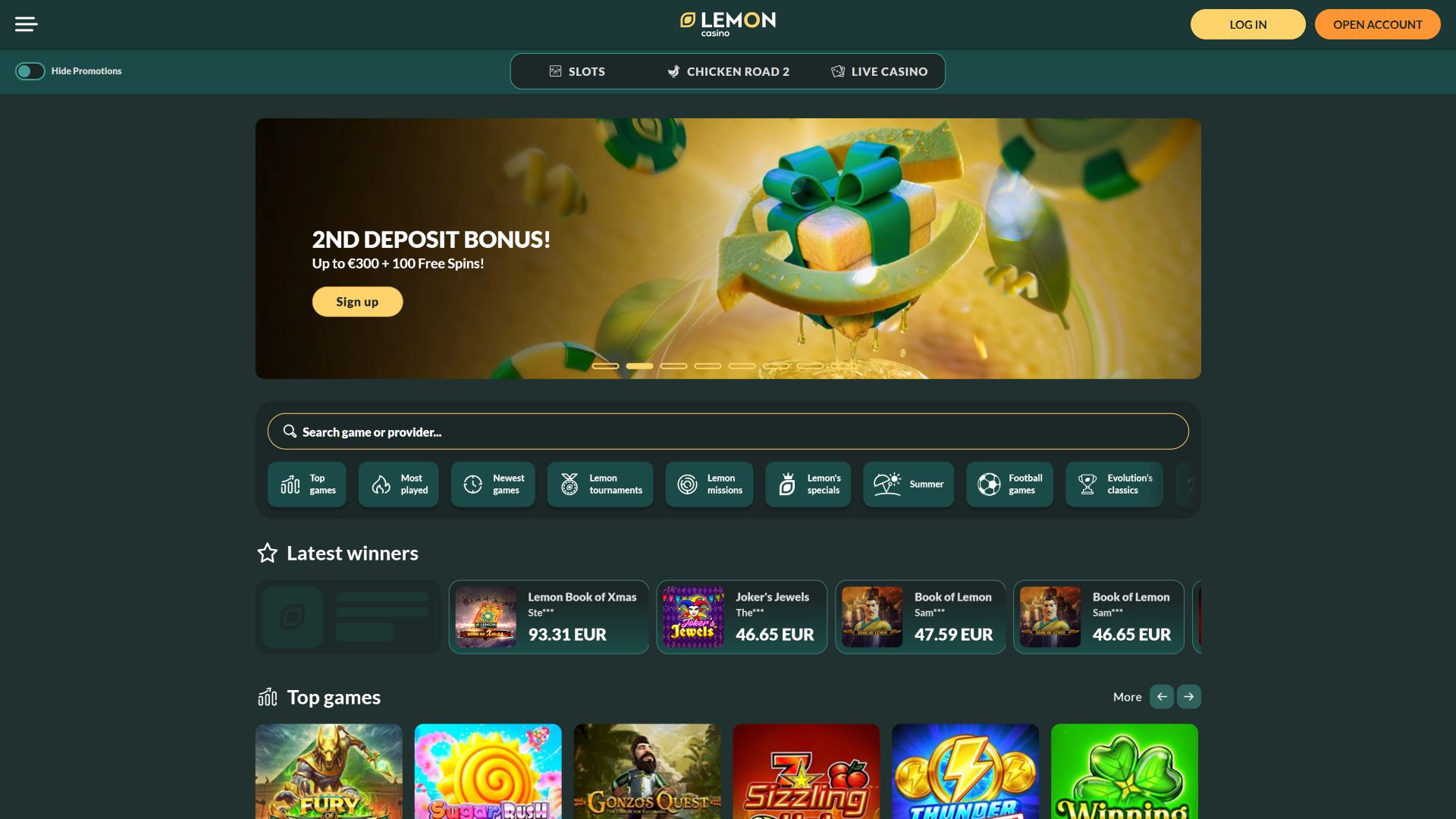 Lemon Casino Desktop Homepage