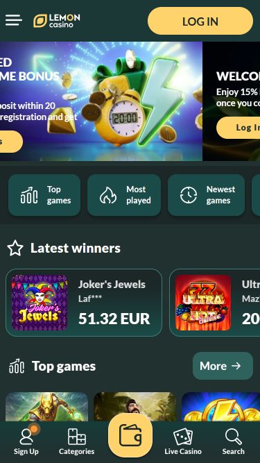 Lemon Casino Mobile Homepage
