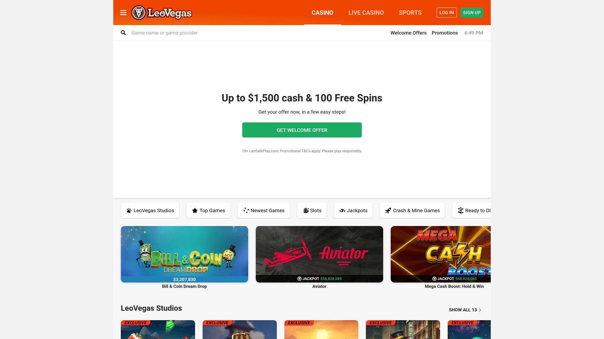 LeoVegas Casino Desktop Homepage