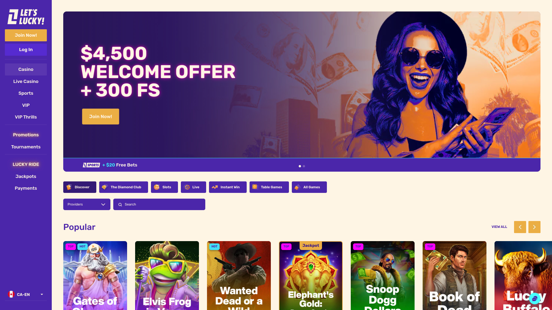 Lets Lucky Casino Desktop Homepage