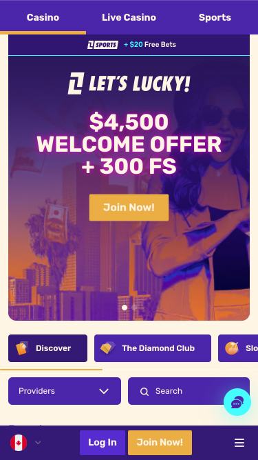 Lets Lucky Casino Mobile Homepage