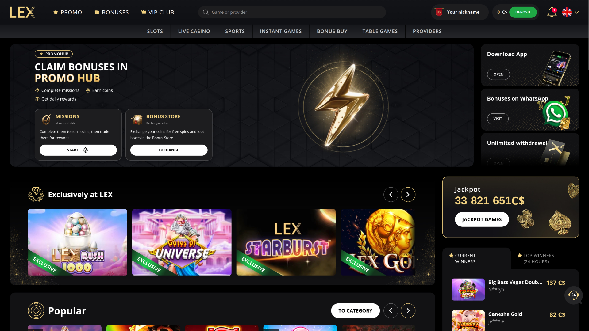 Lex Casino Desktop Homepage