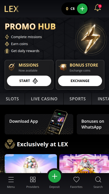 Lex Casino Mobile Homepage