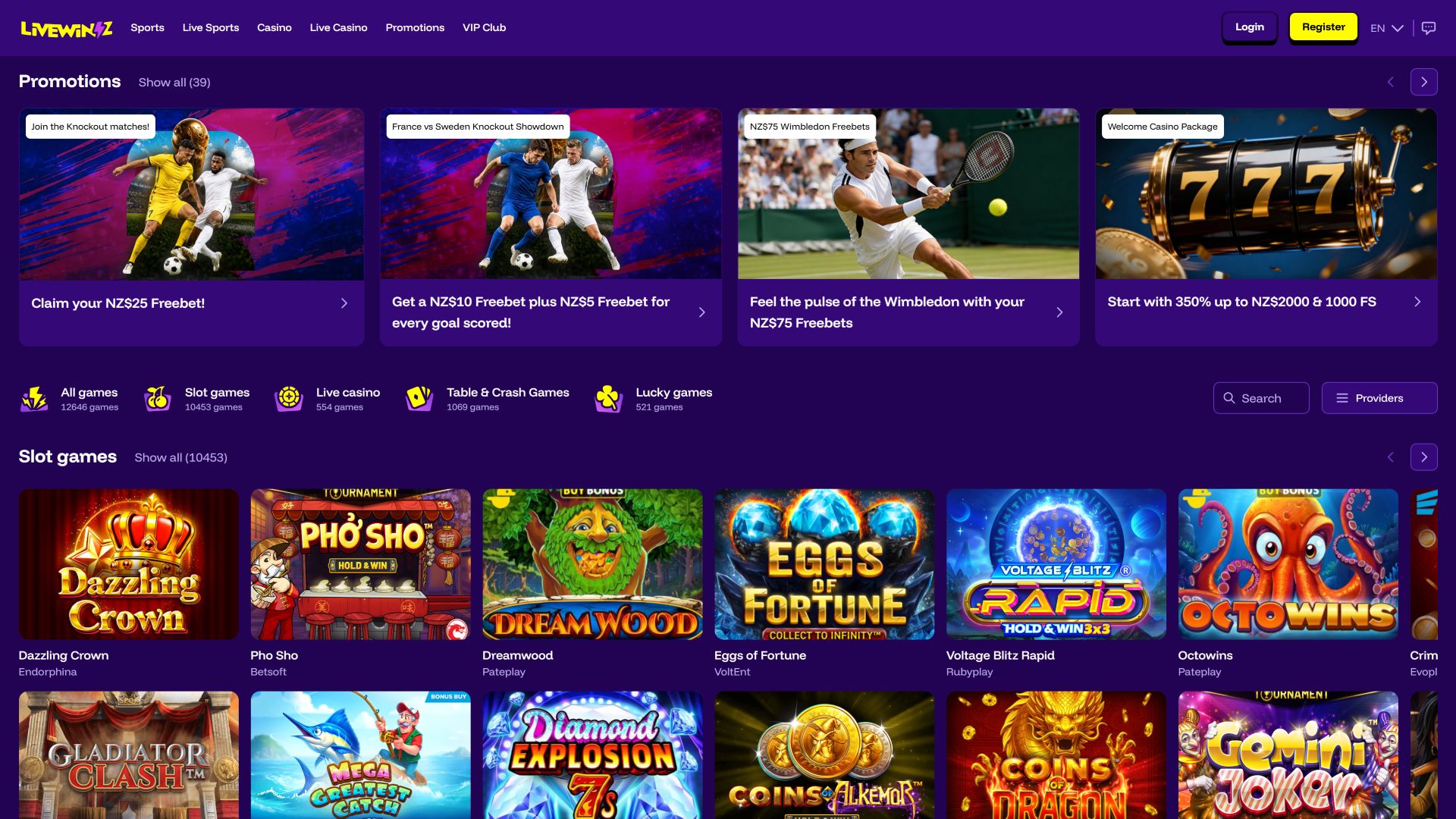 LiveWinz Casino Desktop Homepage